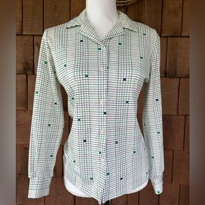 1970s vintage green blue and white collared button up, super soft poly.  Small